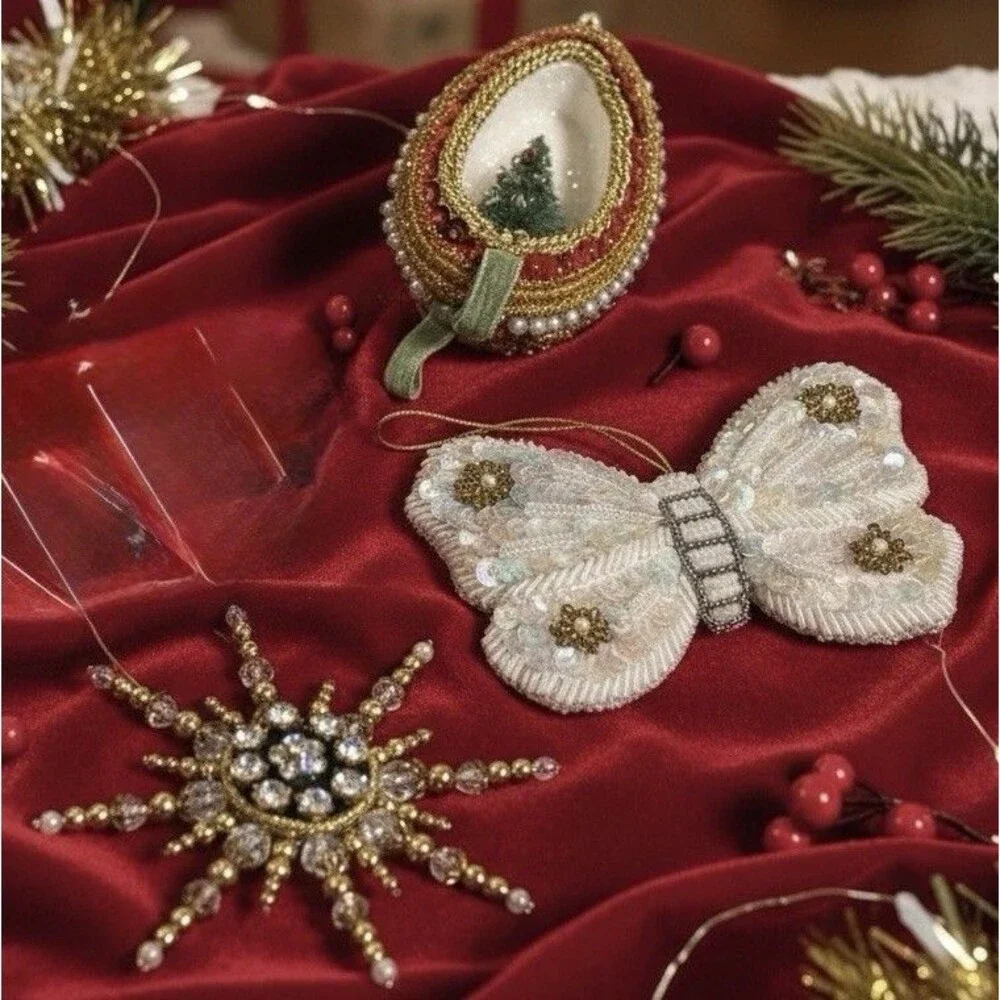 Vintage Sequin Beaded Butterfly Ornament - Egg beaded Diorama- Beaded Star Lot